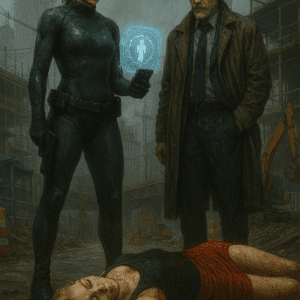Cover for Necrographer, a dystopian thriller short story by Gregory Halpern. Depicts Vanessa, a necrographer in lower Manhattan, caught between duty to record death crimes for AI systems and the pull of the Resistance led by the Panther. A dark, near‑future atmosphere highlights themes of technology, justice, and survival across three connected panels of the narrative.
