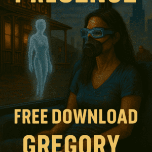 Free download cover art for Gregory Halpern’s sci-fi short story “Presence,” featuring a masked woman with augmented reality glasses observing a glowing holographic figure outside a saloon.