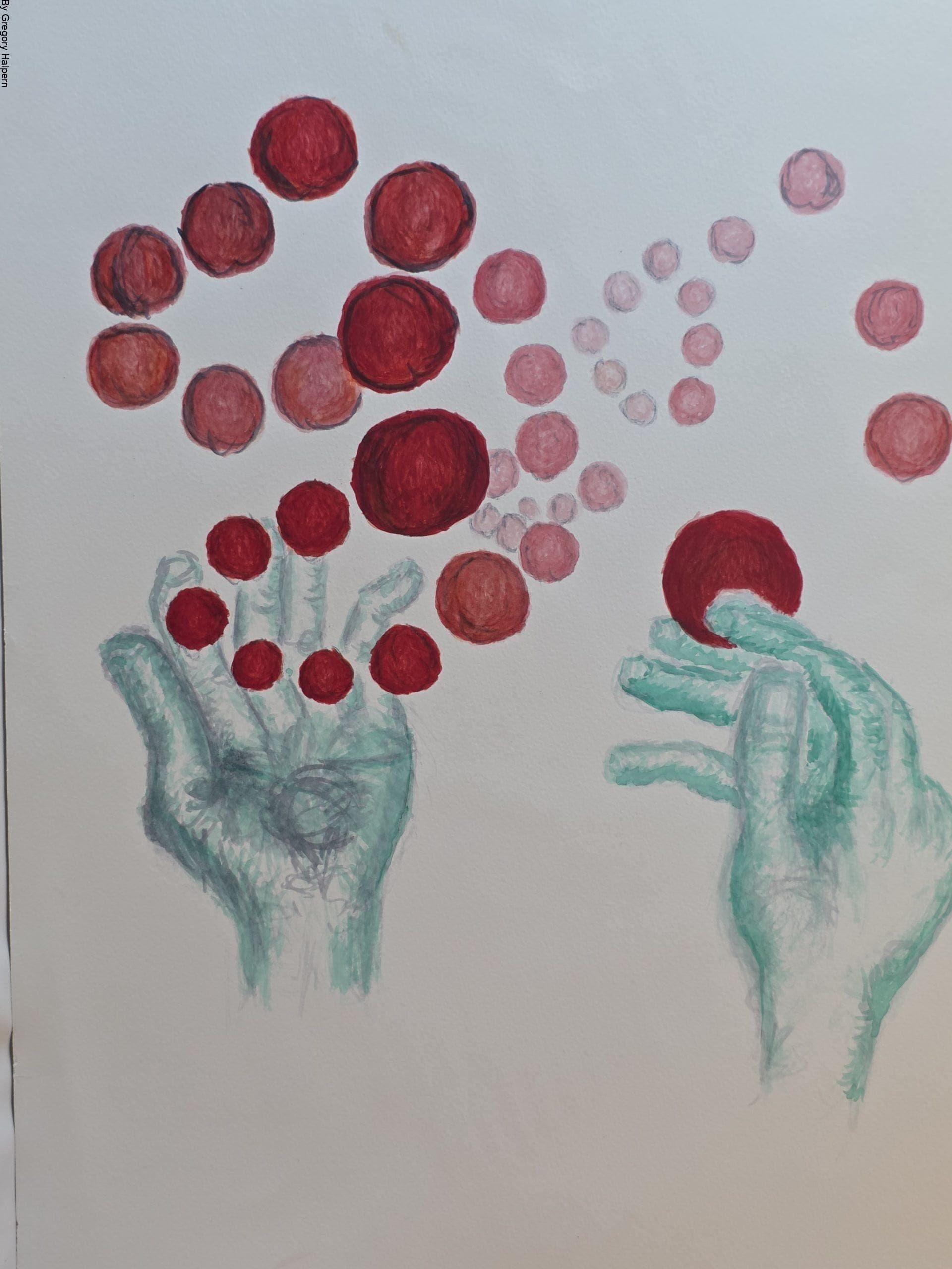 Free watercolor painting of blue‑green hands grasping with ruby spheres in a surreal juggling act, original available for purchase Whimsical watercolor artwork of hands and spheres suspended in dance, free download and original for sale
