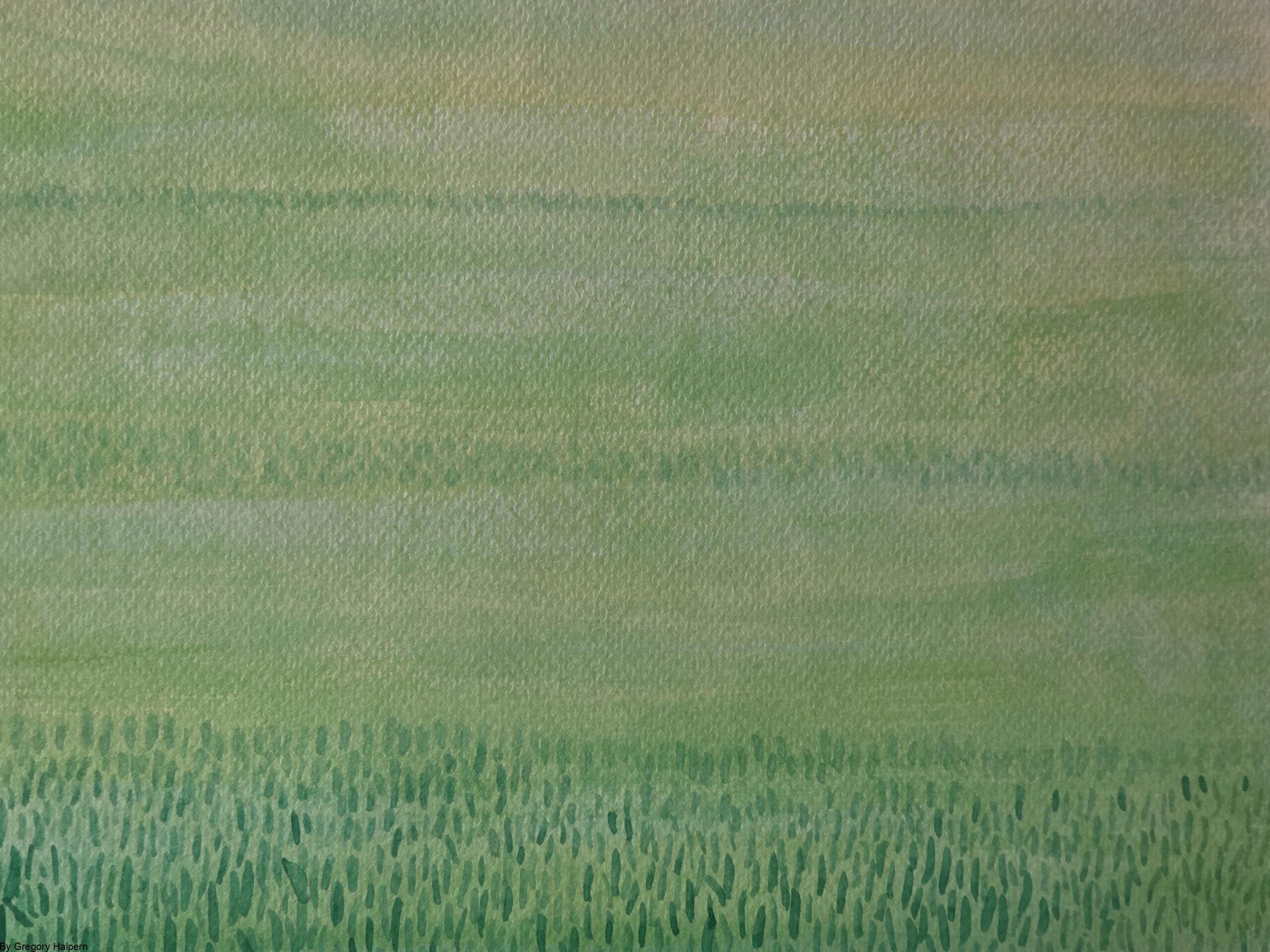 Free downloadable watercolor painting of three bands of grasses in green and yellow, symbolizing distance and time, with original artwork available