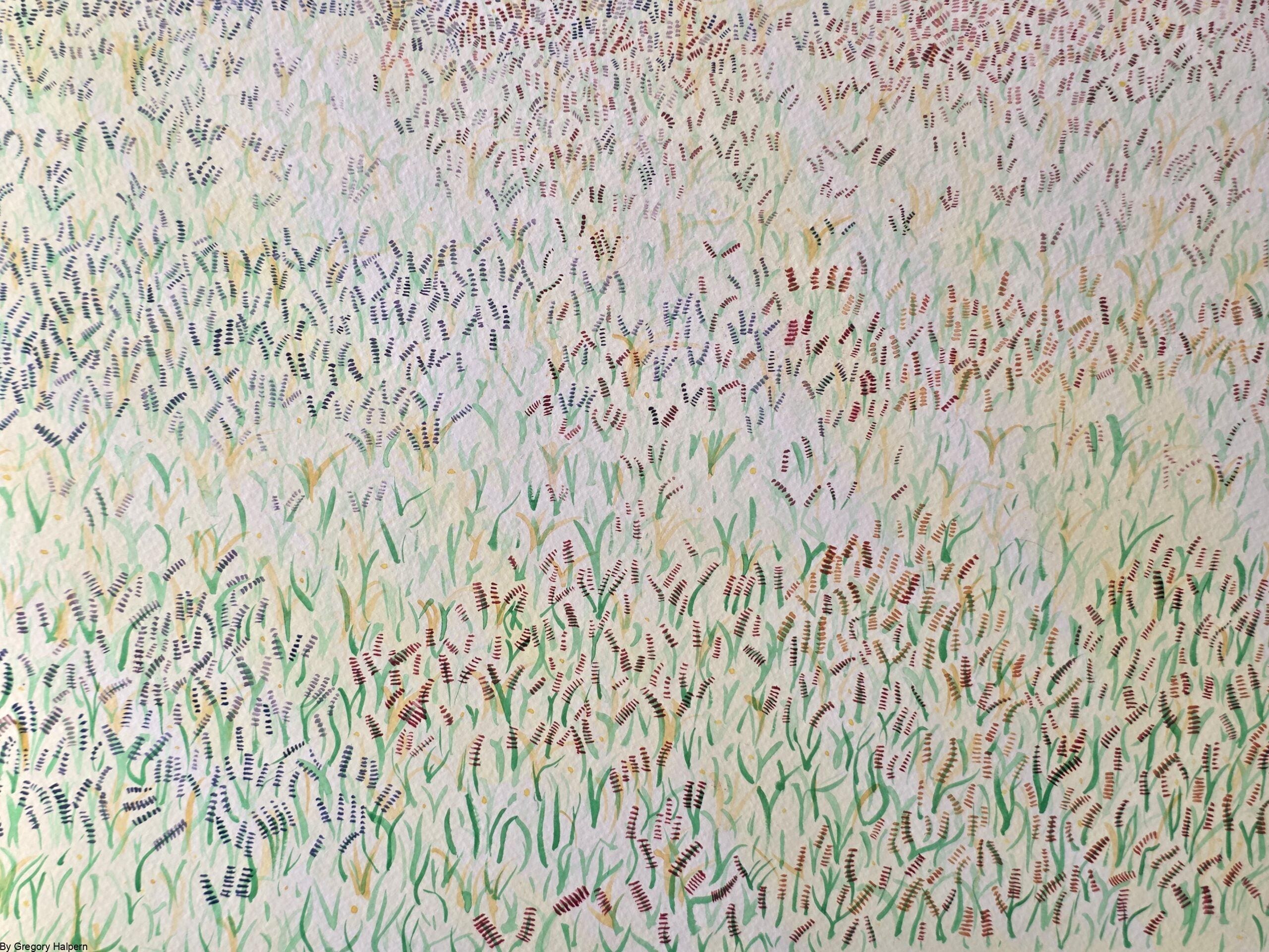 Free watercolor painting of countless tiny near‑future lupin flowers woven into a greater union, original available for purchase Multi‑colored watercolor artwork of lupin blossoms fading into the distance, free download and original for sale