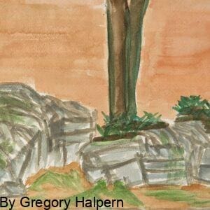 Original surreal watercolor painting of bronze legs standing on bold rocks against an orange sky by Gregory Halpern