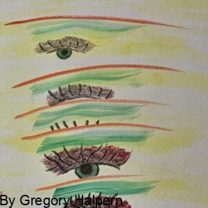 Original surreal watercolor painting of an eye ducking behind colorful slashes, evoking a blink by Gregory Halpern