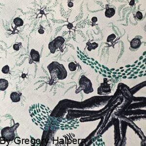 Original surreal watercolor painting of tree-stump beings floating in a buoyant gas world by Gregory Halpern