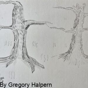 Ink brush painting of two aged, wrinkled trees with strong roots and wavy grass patches Minimalist artwork of two trees reaching toward each other, free digital download