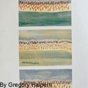 Whimsical watercolor painting of hot dogs at the beach in three panels, free download Playful artwork of hot dogs enjoying the shoreline, watercolor by Gregory Halpern