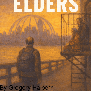 Cover for Elders, a near‑future sci‑fi short story by Gregory Halpern. Jupe stands on the George Washington Bridge gazing at the domed Manhattan skyline at sunset. Celestina and Malcom sit quietly on a fire escape nearby. The mood is somber and reflective, with warm orange haze and painterly textures.