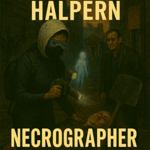 Cover art for Gregory Halpern’s dystopian sci-fi short story “Necrographer,” featuring a hooded figure in a gas mask holding a shovel and book, with a glowing ghost and mausoleum in the background.